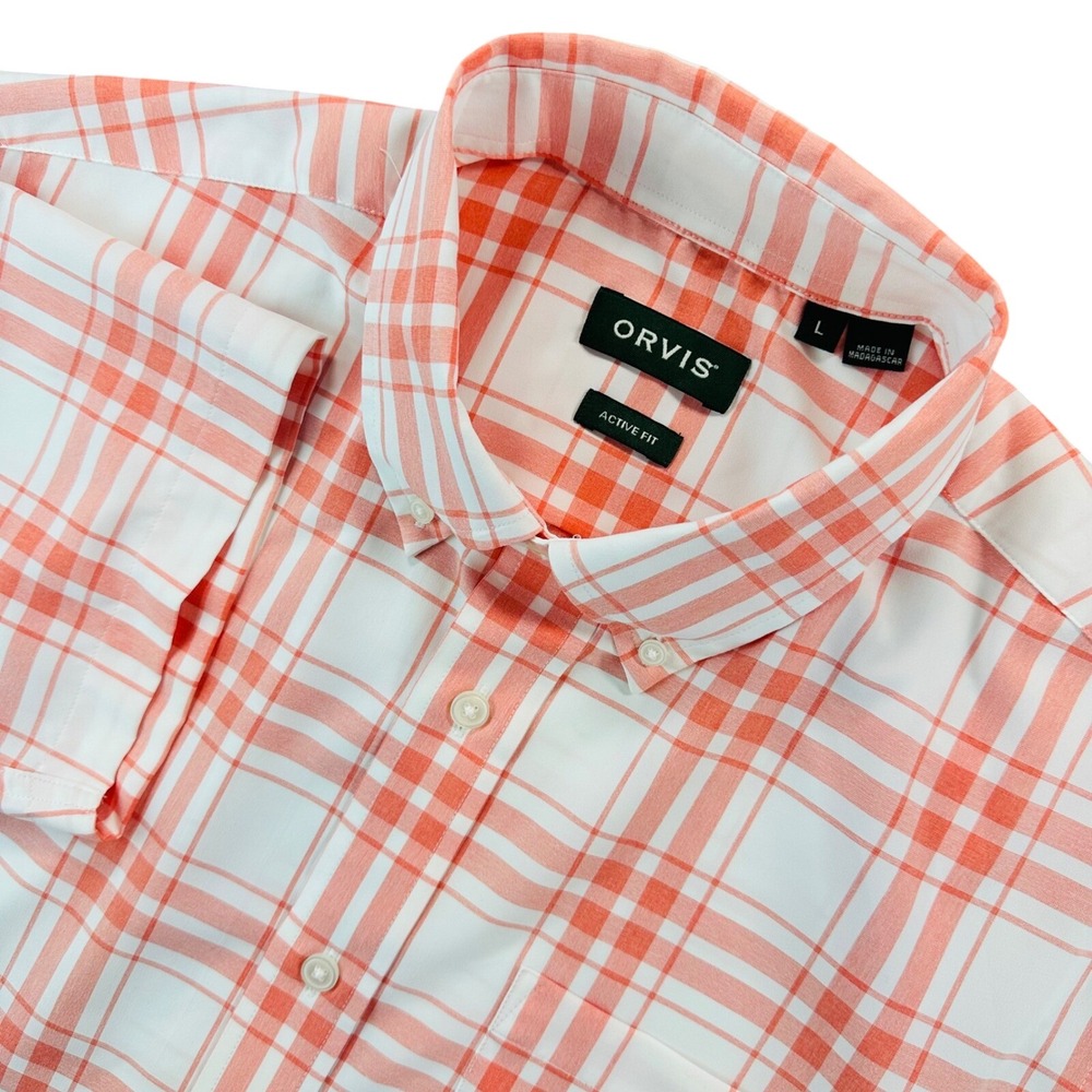 Orvis Active Fit Short Sleeve Plaid Button Down Shirt Men's L Orange White 3JE5